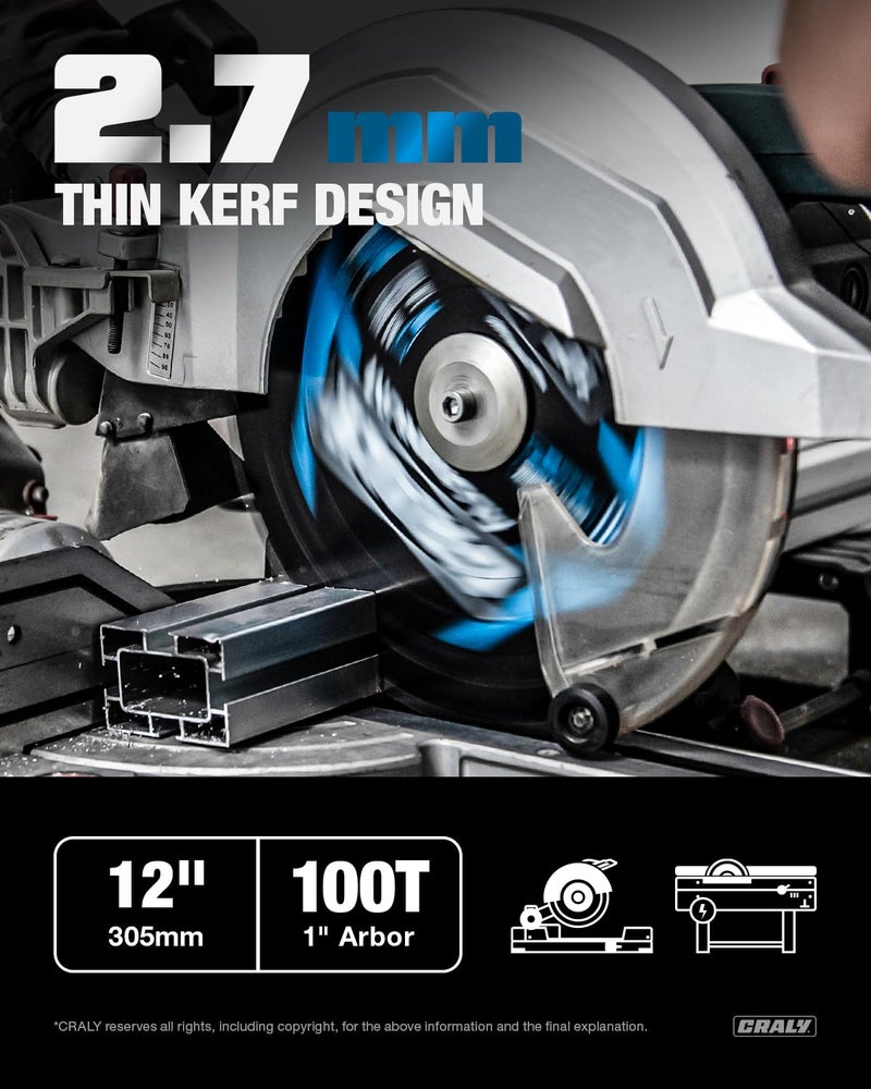 CRALY 12 Inch 100 Teeth Aluminum and Non-Ferrous Metal Cutting Circular Saw Blade, 1 Inch Arbor, Carbide Tipped, Thin Kerf, Black Ice™ Coating, for Medium Aluminum, Plastic, Composite(C12100AL) - Image 2